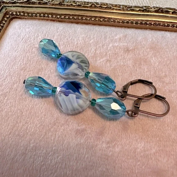 Handmade Antique Copper Teal Blue Green Glass Long Boho Earrings Leverback - Picture 5 of 10